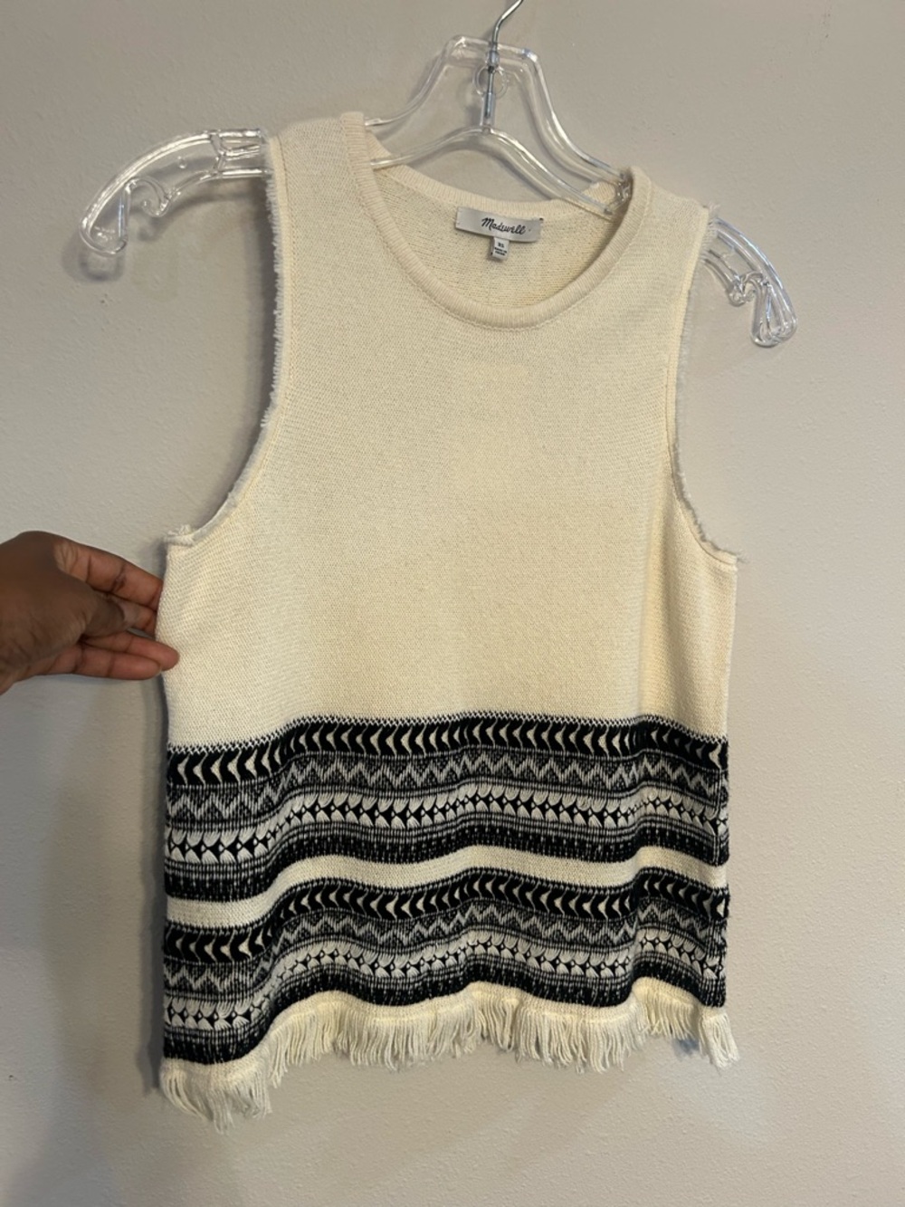 Madewell Cream Tank Top with Black Geometric Fringe Hem